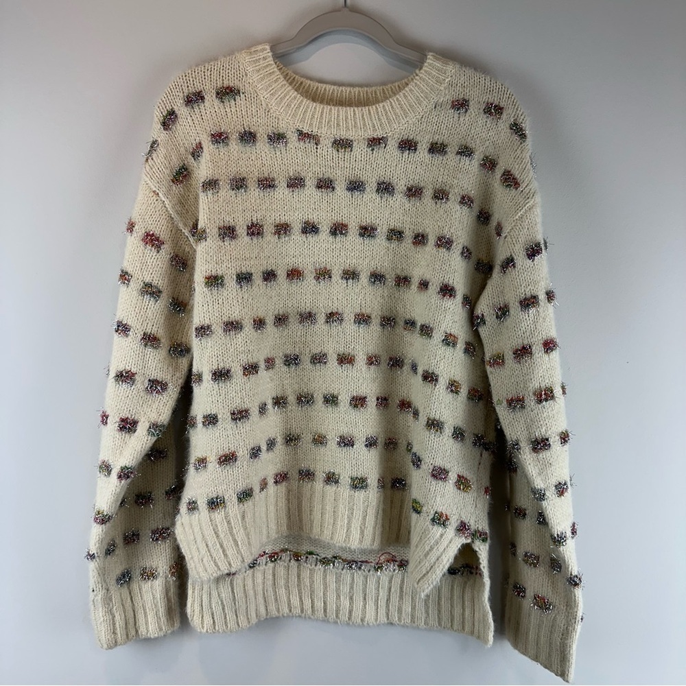 Moth Anthropologie Cream Rainbow Metallic Tinsel Check Hi Lo Sweater Size Small
